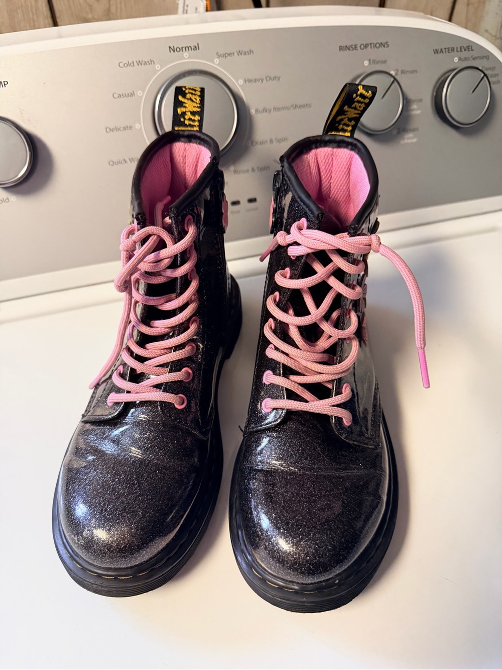 Dr. Martens Black Glitter Combat Boots with Pink Laces
